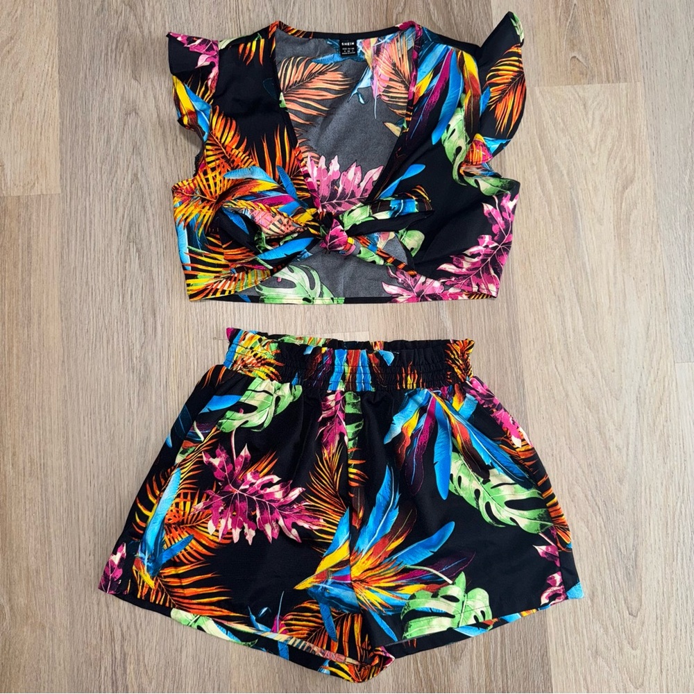Tropical 2 Piece Short Set - Black & Colorful Tropical Set - Size Small